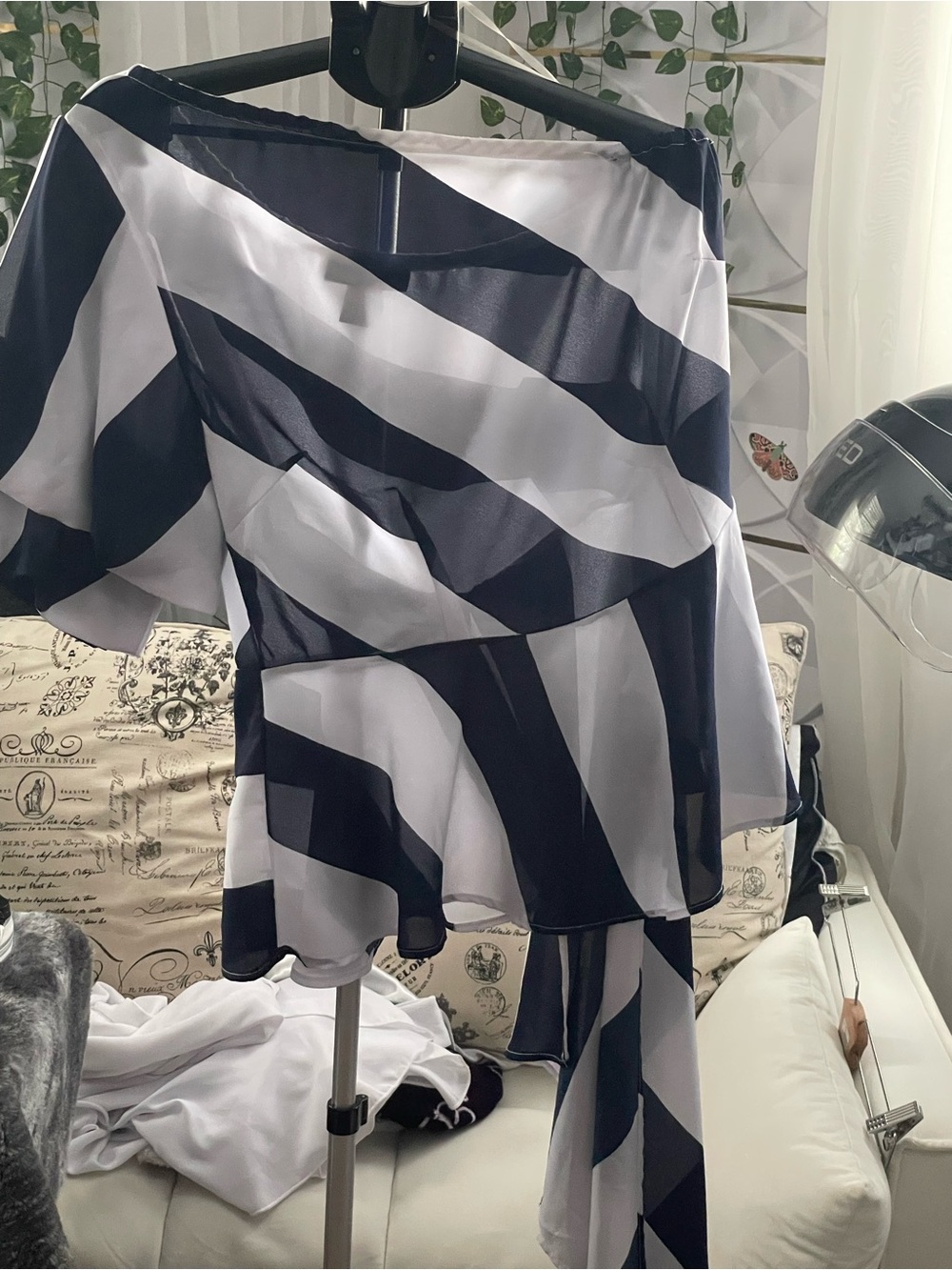 Blue and white striped off the shoulder top